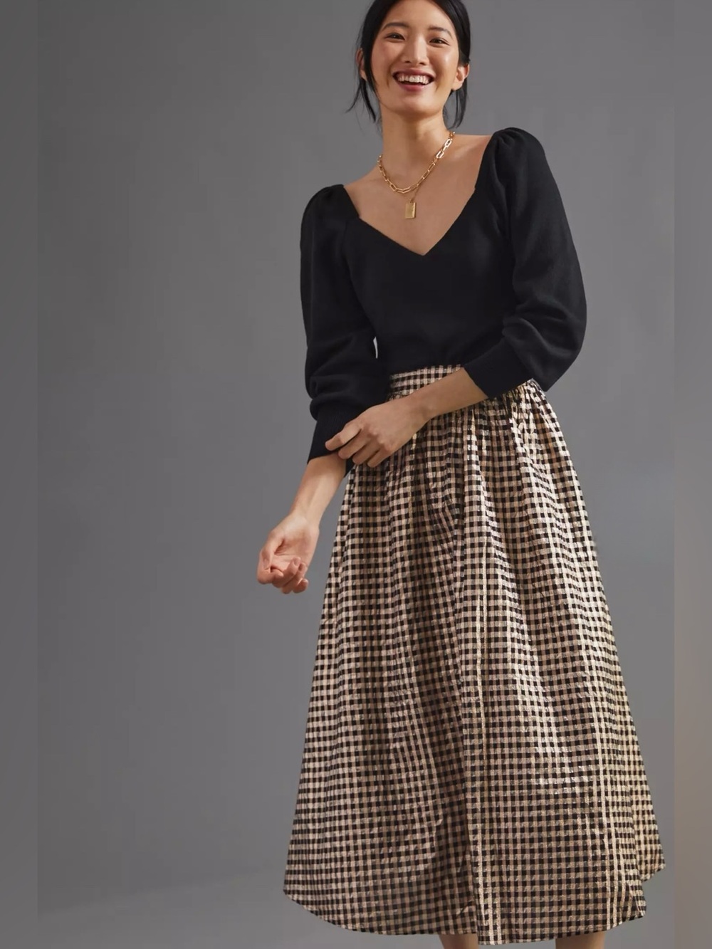 Maeve Anthropologie Checkered Maxi Skirt Medium Metallic Gold Black Puffy #